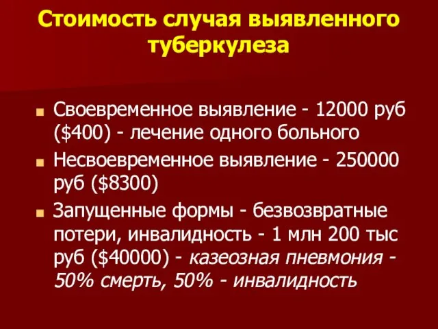Стоимость случая выявленного туберкулеза Своевременное выявление - 12000 руб ($400) - лечение
