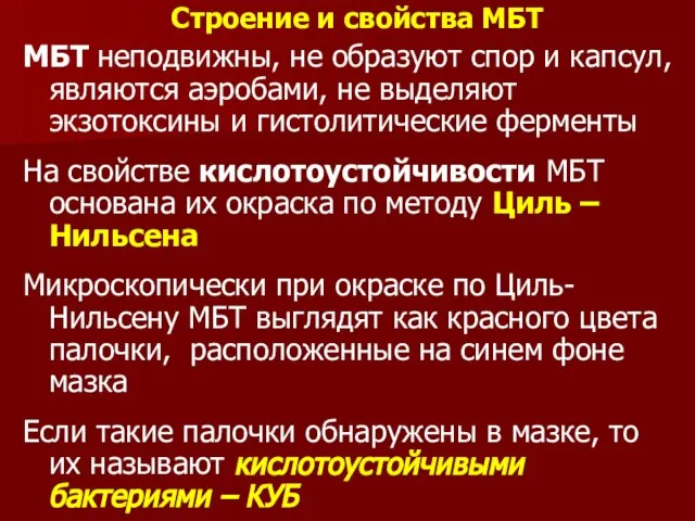 МБТ неподвижны, не образуют спор и капсул, являются аэробами, не выделяют экзотоксины