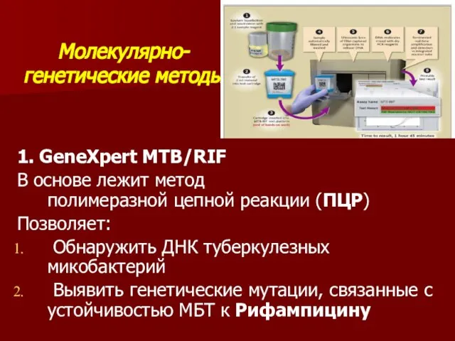 Молекулярно-генетические методы 1. GeneXpert MTB/RIF В основе лежит метод полимеразной цепной реакции