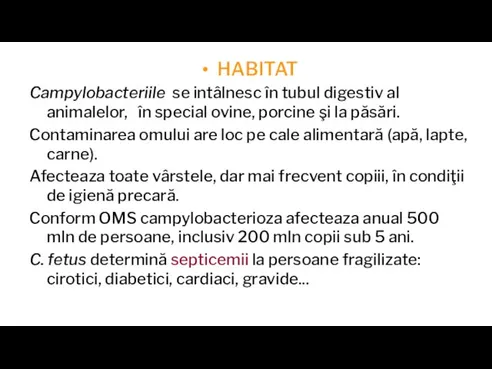 HABITAT Campylobacteriile se intâlnesc în tubul digestiv al animalelor, în special ovine,