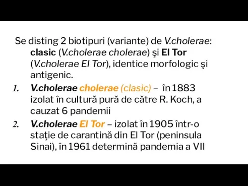 Se disting 2 biotipuri (variante) de V.cholerae: clasic (V.cholerae cholerae) şi El