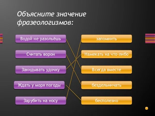 Объясните значение фразеологизмов: Водой не разольёшь Считать ворон Закидывать удочку Ждать у