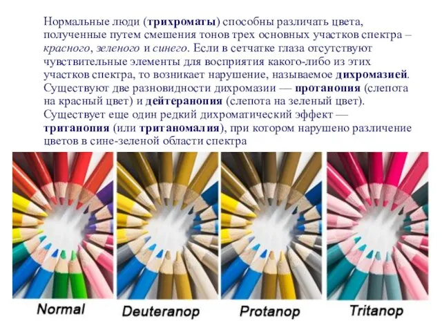 Нормальные люди (трихроматы) способны различать цвета, полученные путем смешения тонов трех основных
