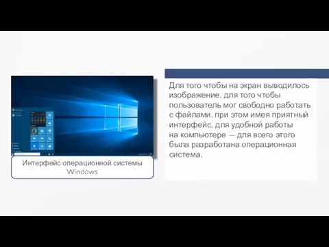 Интерфейс операционной системы Windows Для того чтобы на экран выводилось изображение, для