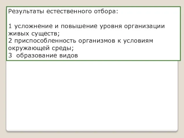 Результаты естественного отбора: 1 усложнение и повышение уровня организации живых существ; 2