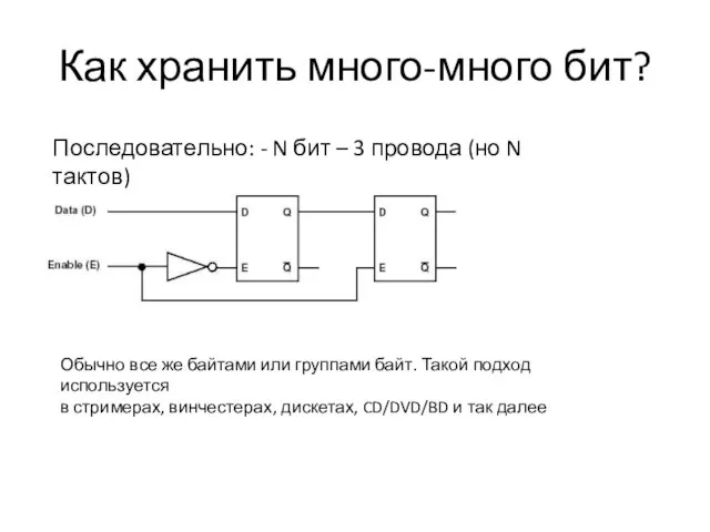 Как хранить много-много бит? Последовательно: - N бит – 3 провода (но