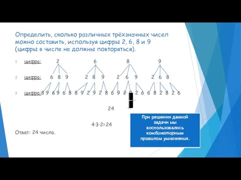 Определить, сколько различных трёхзначных чисел можно составить, используя цифры 2, 6, 8