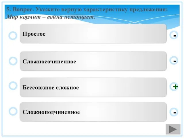 5. Вопрос. Укажите верную характеристику предложения: Мир кормит – война истощает. Бессоюзное