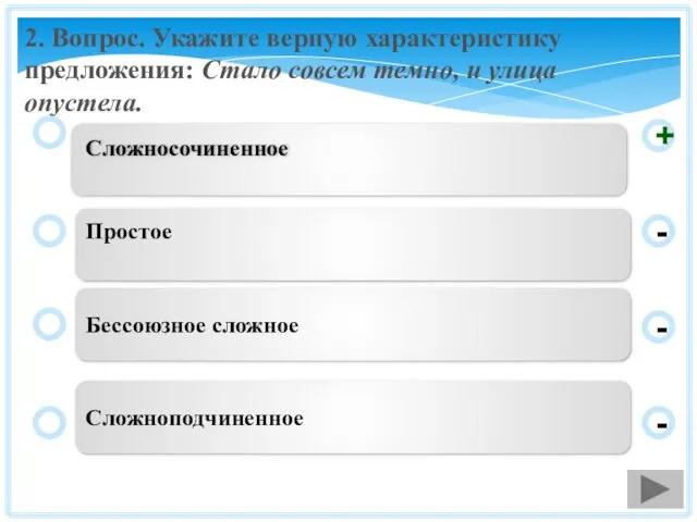 2. Вопрос. Укажите верную характеристику предложения: Стало совсем темно, и улица опустела.