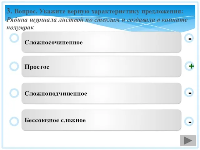 3. Вопрос. Укажите верную характеристику предложения: Рябина шуршала листвой по стеклам и