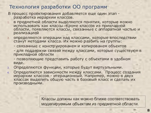 Технология разработки ОО программ В процесс проектирования добавляется еще один этап -