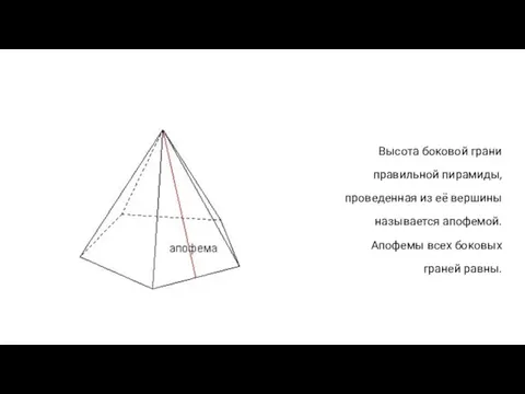 Высота боковой грани правильной пирамиды, проведенная из её вершины называется апофемой. Апофемы всех боковых граней равны.