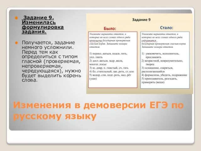 Изменения в демоверсии ЕГЭ по русскому языку Задание 9. Изменилась формулировка задания.