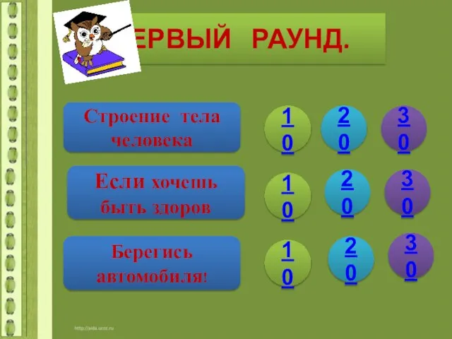 ПЕРВЫЙ РАУНД. Строение тела человека Если хочешь быть здоров Берегись автомобиля! 10