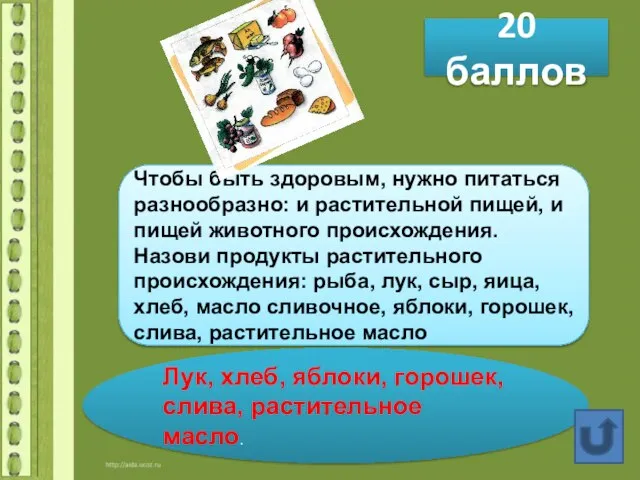 20 баллов Чтобы быть здоровым, нужно питаться разнообразно: и растительной пищей, и