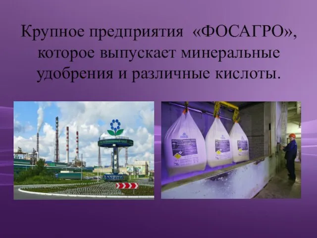 Крупное предприятия «ФОСАГРО», которое выпускает минеральные удобрения и различные кислоты.