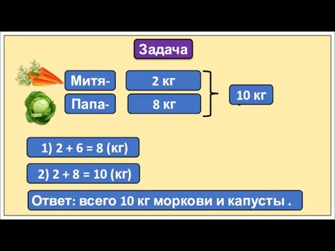 Задача Митя- 2 кг Папа- ?, на 6 кг > 1) 2