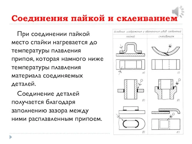 Соединения пайкой и склеиванием При соединении пайкой место спайки нагревается до температуры