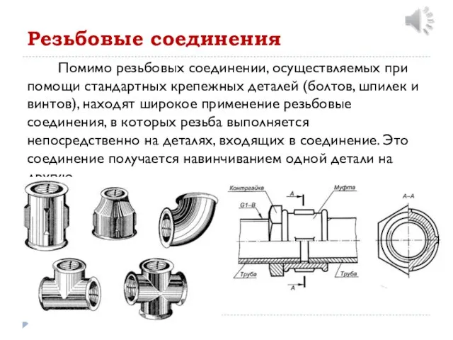 Резьбовые соединения Помимо резьбовых соединении, осуществляемых при помощи стандартных крепежных деталей (болтов,