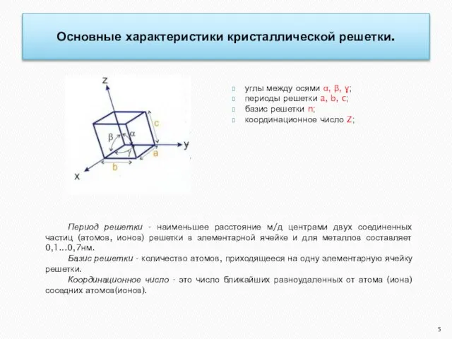 Основные характеристики кристаллической решетки. Период решетки - наименьшее расстояние м/д центрами двух