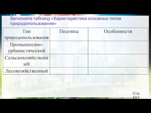 Заполните таблицу «Характеристика основных типов природопользования» Стр. 102