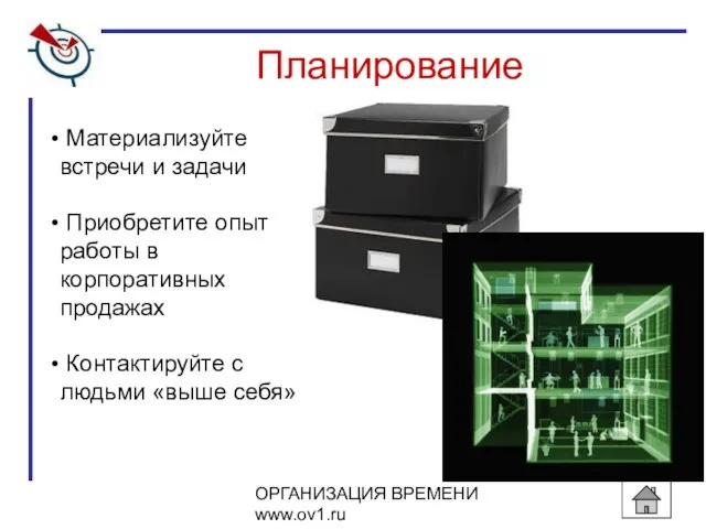 Планирование Материализуйте встречи и задачи Приобретите опыт работы в корпоративных продажах Контактируйте с людьми «выше себя»