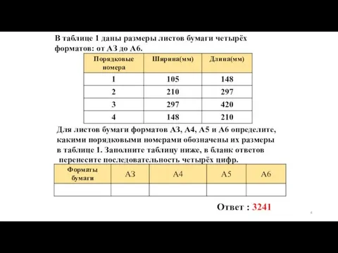 В таблице 1 даны размеры листов бумаги четырёх форматов: от AЗ до