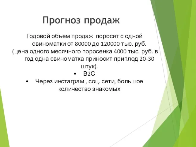 Прогноз продаж Годовой объем продаж поросят с одной свиноматки от 80000 до