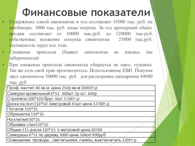 Финансовые показатели Содержание одной свиноматки в год составляет 18000 тыс. руб. на