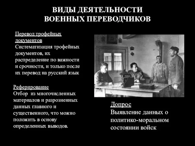 ВИДЫ ДЕЯТЕЛЬНОСТИ ВОЕННЫХ ПЕРЕВОДЧИКОВ Допрос Выявление данных о политико-моральном состоянии войск Реферирование