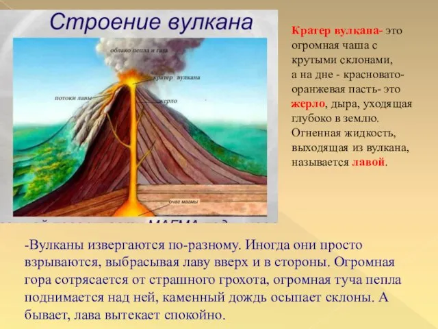 -Вулканы извергаются по-разному. Иногда они просто взрываются, выбрасывая лаву вверх и в