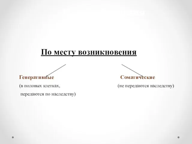 Классификация мутаций По месту возникновения Генеративные Соматические (в половых клетках, (не передаются наследству) передаются по наследству)