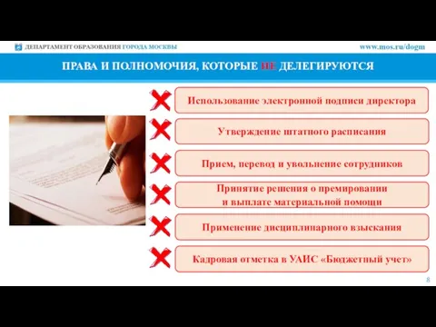 8 ПРАВА И ПОЛНОМОЧИЯ, КОТОРЫЕ НЕ ДЕЛЕГИРУЮТСЯ Утверждение штатного расписания Прием, перевод