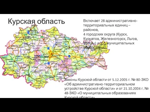 Курская область Включает 28 административно-территориальных единиц – районов, 4 городских округа (Курск,