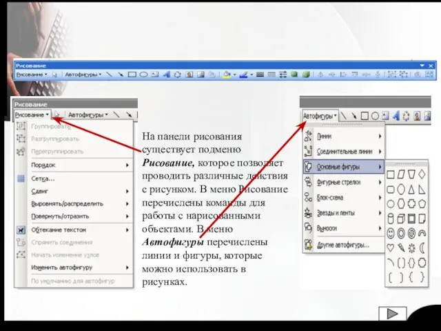 На панели рисования существует подменю Рисование, которое позволяет проводить различные действия с