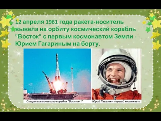 12 апреля 1961 года ракета-носитель вывела на орбиту космический корабль "Восток" с