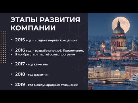 ЭТАПЫ РАЗВИТИЯ КОМПАНИИ 2015 год - создана первая концепция 2016 год -