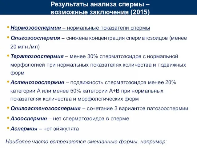 Нормозооспермия – нормальные показатели спермы Олигозооспермия – снижена концентрация сперматозоидов (менее 20