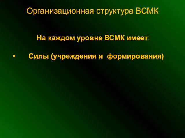 Организационная структура ВСМК На каждом уровне ВСМК имеет: Силы (учреждения и формирования)