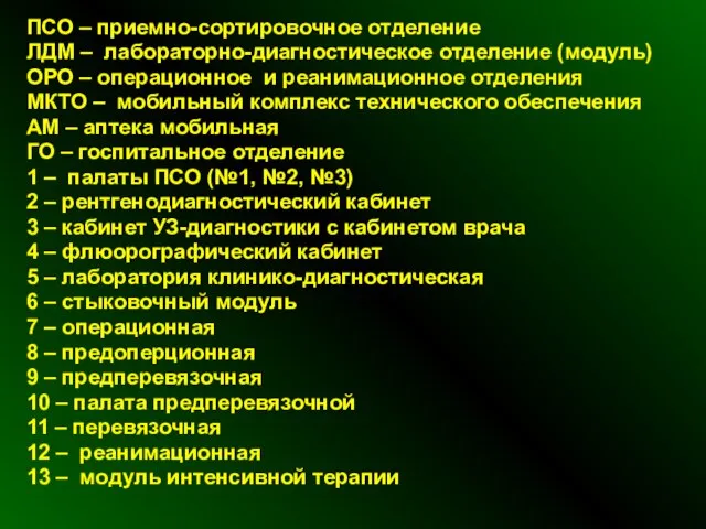 ПСО – приемно-сортировочное отделение ЛДМ – лабораторно-диагностическое отделение (модуль) ОРО – операционное