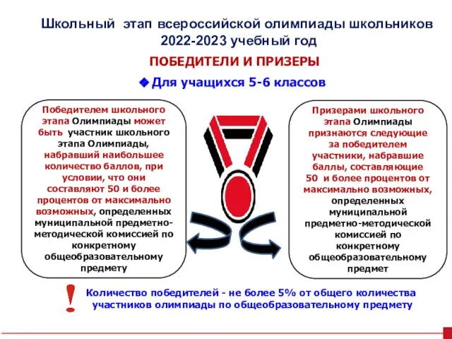 ПОБЕДИТЕЛИ И ПРИЗЕРЫ Для учащихся 5-6 классов Победителем школьного этапа Олимпиады может