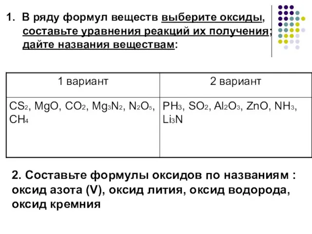 1. В ряду формул веществ выберите оксиды, составьте уравнения реакций их получения;