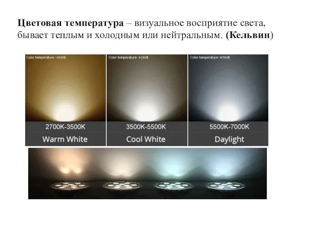 Цветовая температура – визуальное восприятие света, бывает теплым и холодным или нейтральным. (Кельвин)