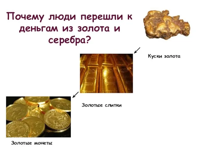 Почему люди перешли к деньгам из золота и серебра? Куски золота Золотые слитки Золотые монеты