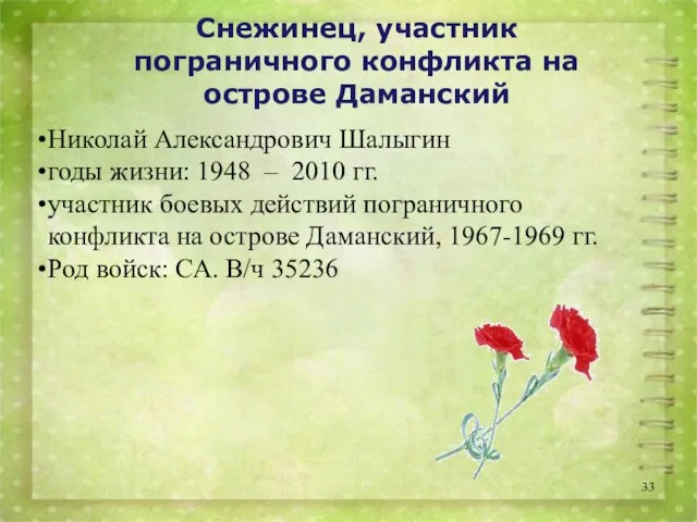 Снежинец, участник пограничного конфликта на острове Даманский Николай Александрович Шалыгин годы жизни: