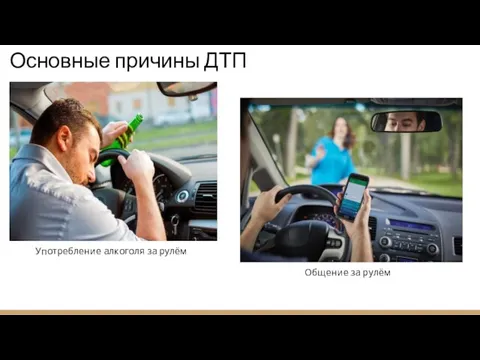 Основные причины ДТП Употребление алкоголя за рулём Общение за рулём