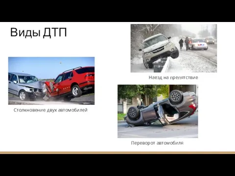 Виды ДТП Столкновение двух автомобилей Наезд на препятствие Переворот автомобиля