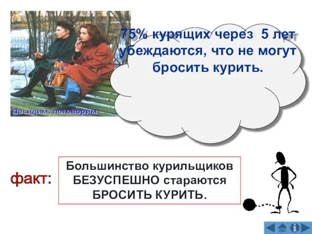 75% курящих через 5 лет убеждаются, что не могут бросить курить. факт: