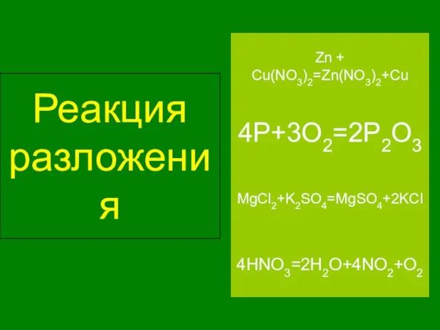 Реакция разложения 4HNO3=2H2O+4NO2+O2 4P+3O2=2P2O3 MgCl2+K2SO4=MgSO4+2KCl Zn + Cu(NO3)2=Zn(NO3)2+Cu