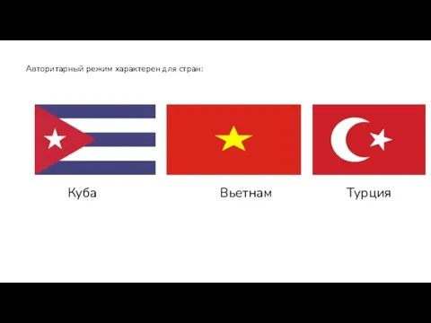 Авторитарный режим характерен для стран: Куба Вьетнам Турция